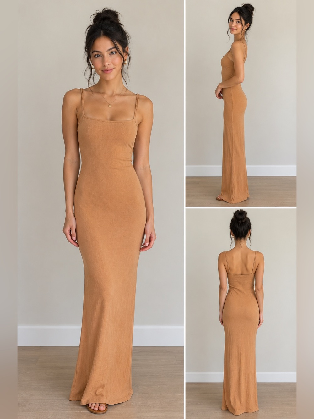 Skims Ribbed Strappy Maxi Dress in Brown Size XS